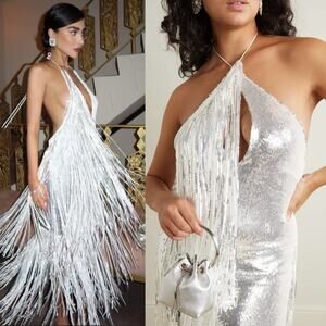 Rotate Birger Christensen Sequin Metallic Fringe Sleeveless Dress Silver Size 10